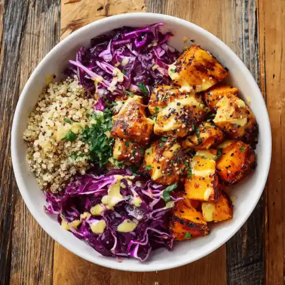 healthy hot honey chicken bowl with quinoa and slaw