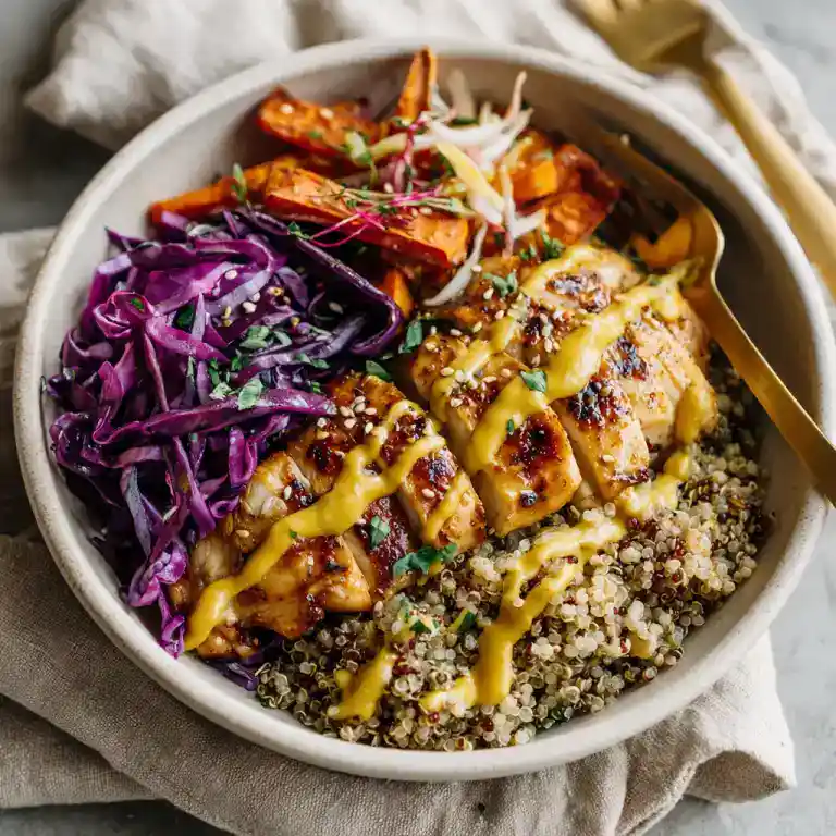 served healthy hot honey chicken bowl with mustard drizzle