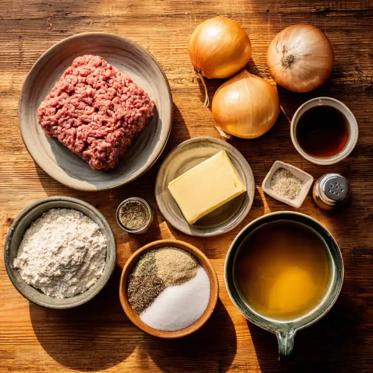 ingredients for southern hamburger steak with onion gravy