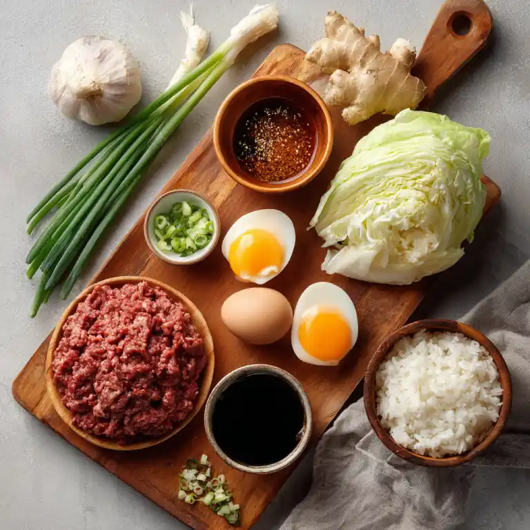 korean bbq beef bowl ingredients flat lay