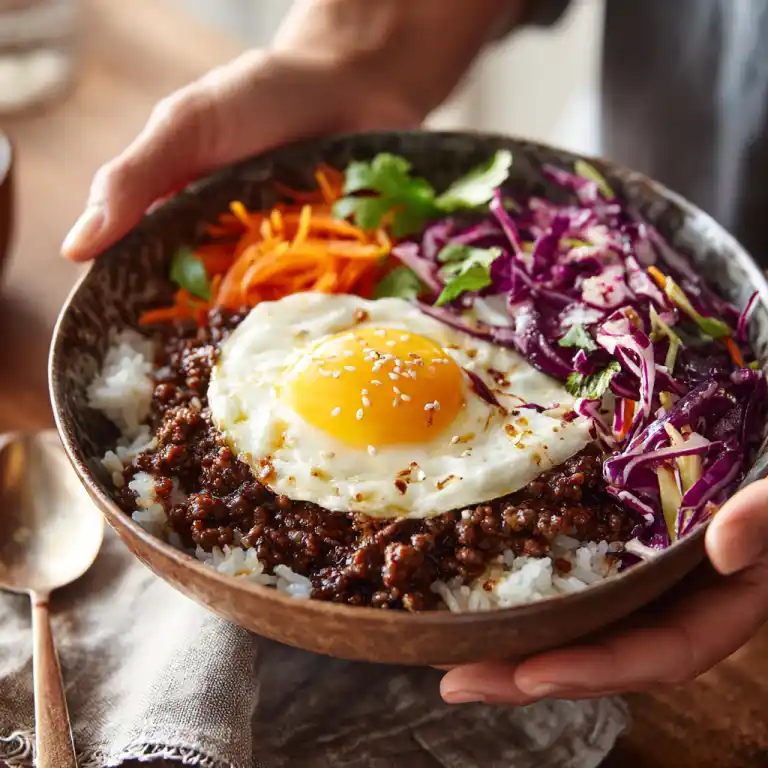 served korean bbq beef bowl with fried egg and green onion