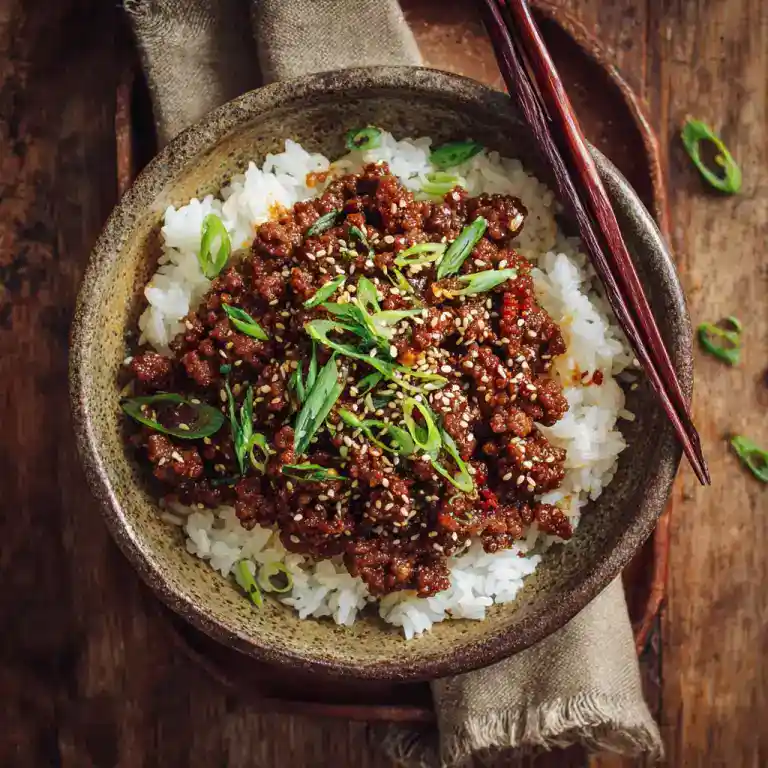 korean beef bowl with rice, green onions, and sesame