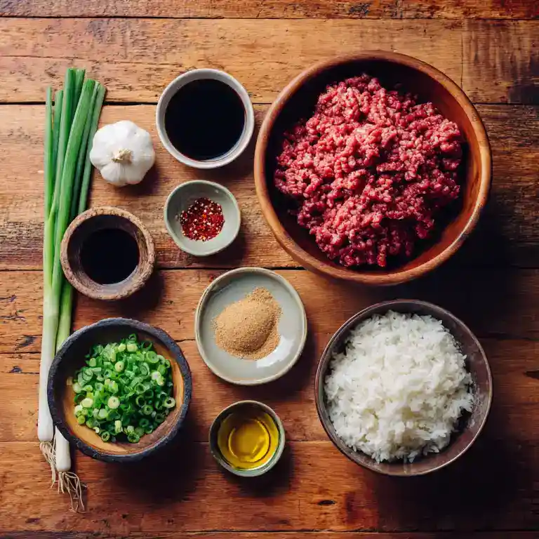 korean beef bowl ingredients on prep board