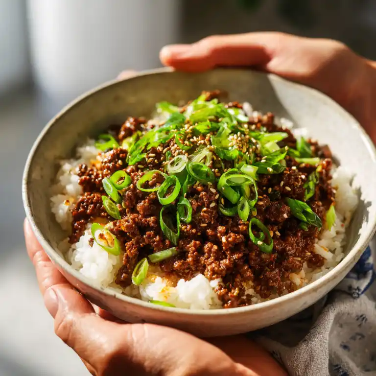 served korean beef bowl with sesame and green onions