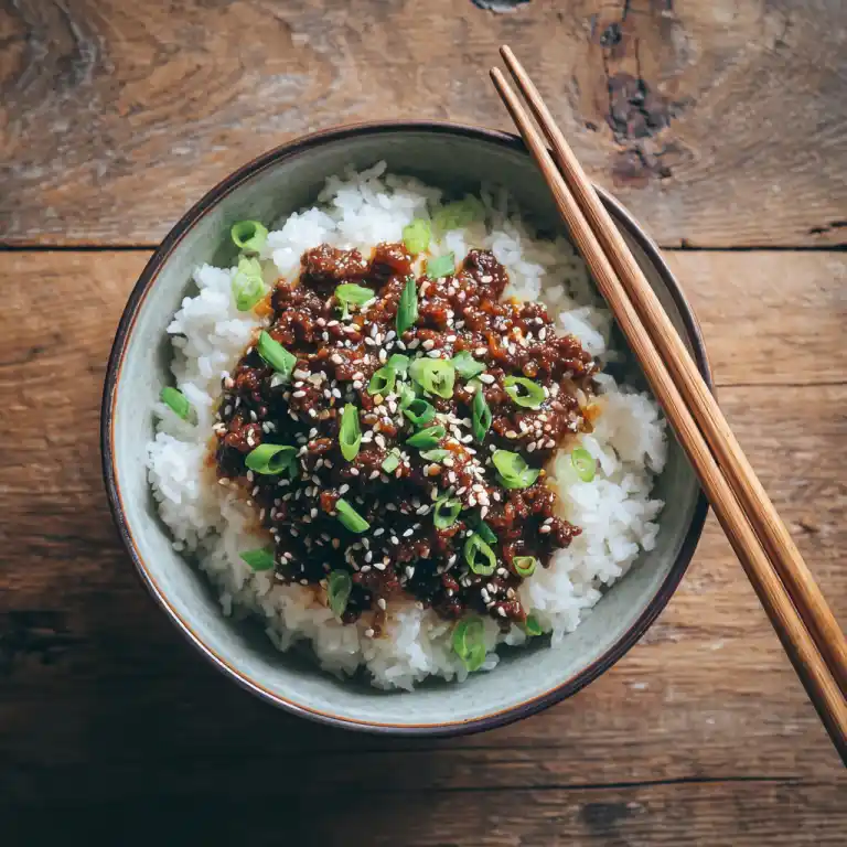 korean beef rice bowl recipe served with sesame seeds and scallions