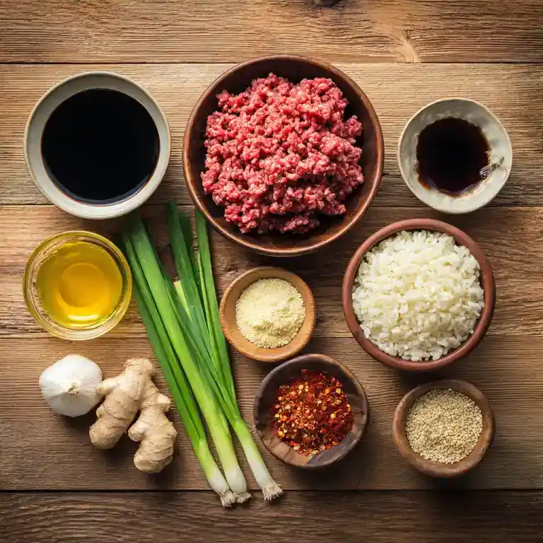 korean beef rice bowl recipe ingredients flat lay