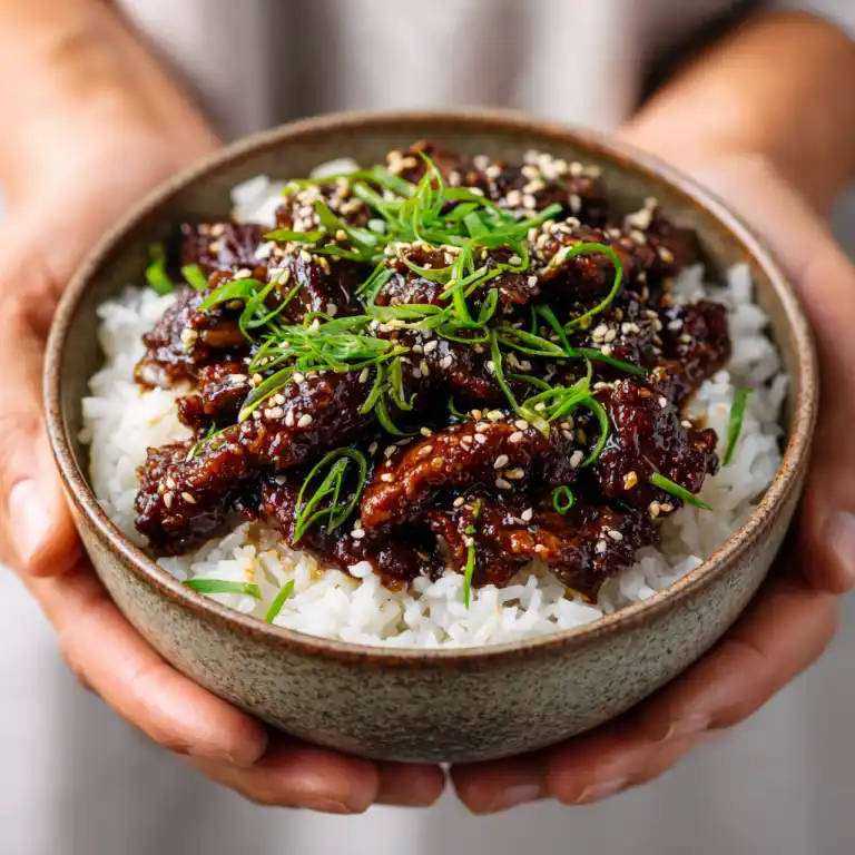 serving korean beef rice bowl with sesame and green onion