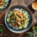 Lazy Bang Bang Chicken Bowls served with rice and creamy sauce