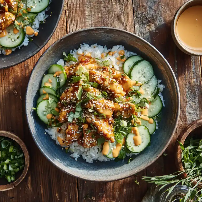 Lazy Bang Bang Chicken Bowls served with rice and creamy sauce