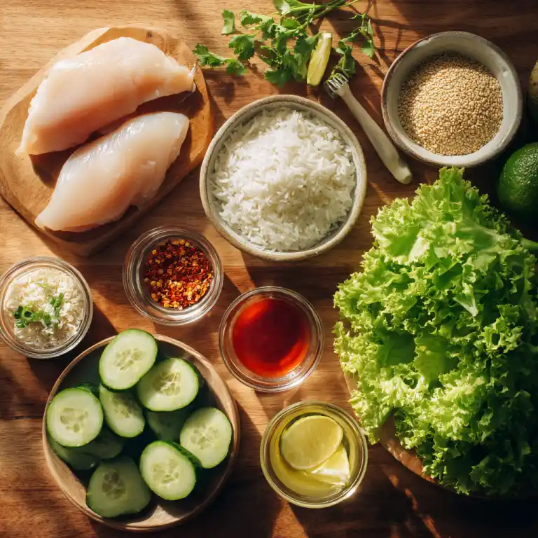 Ingredients for Lazy Bang Bang Chicken Bowls displayed on wooden surface