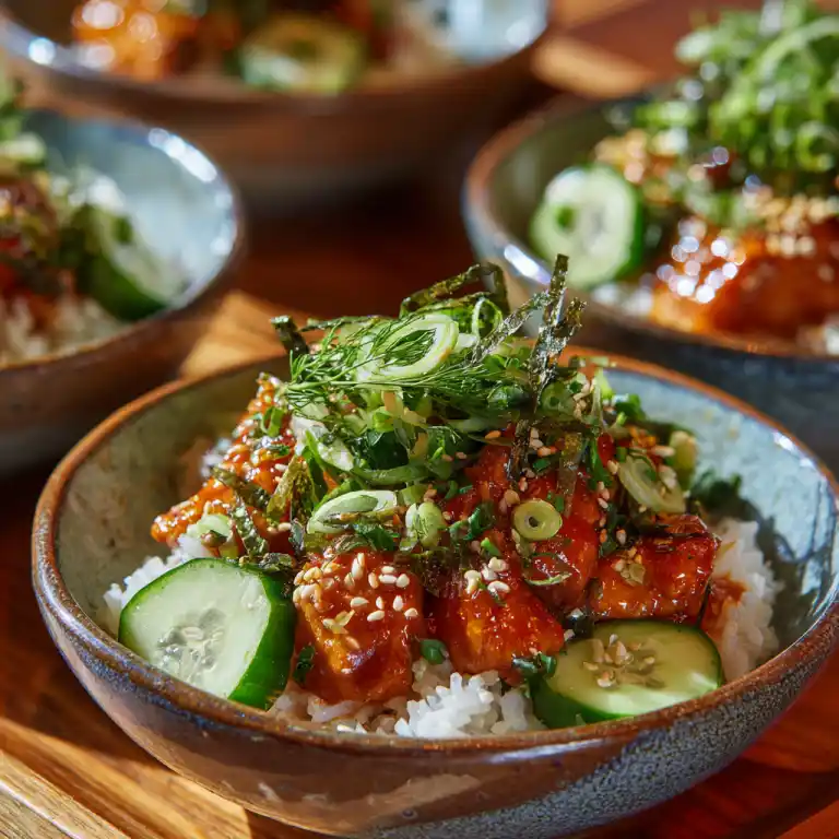 Lazy Bang Bang Chicken Bowls served in ceramic bowls with rice and toppings