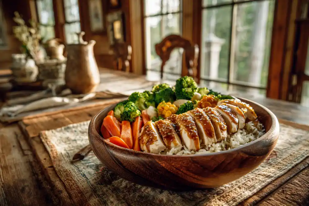 maple mustard chicken bowl on rustic table