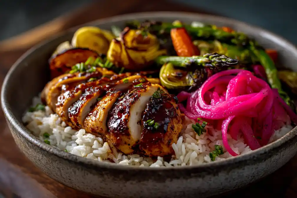 served maple mustard chicken bowl with garnish