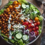 Mediterranean chickpea power bowl with fresh veggies and yogurt dressing
