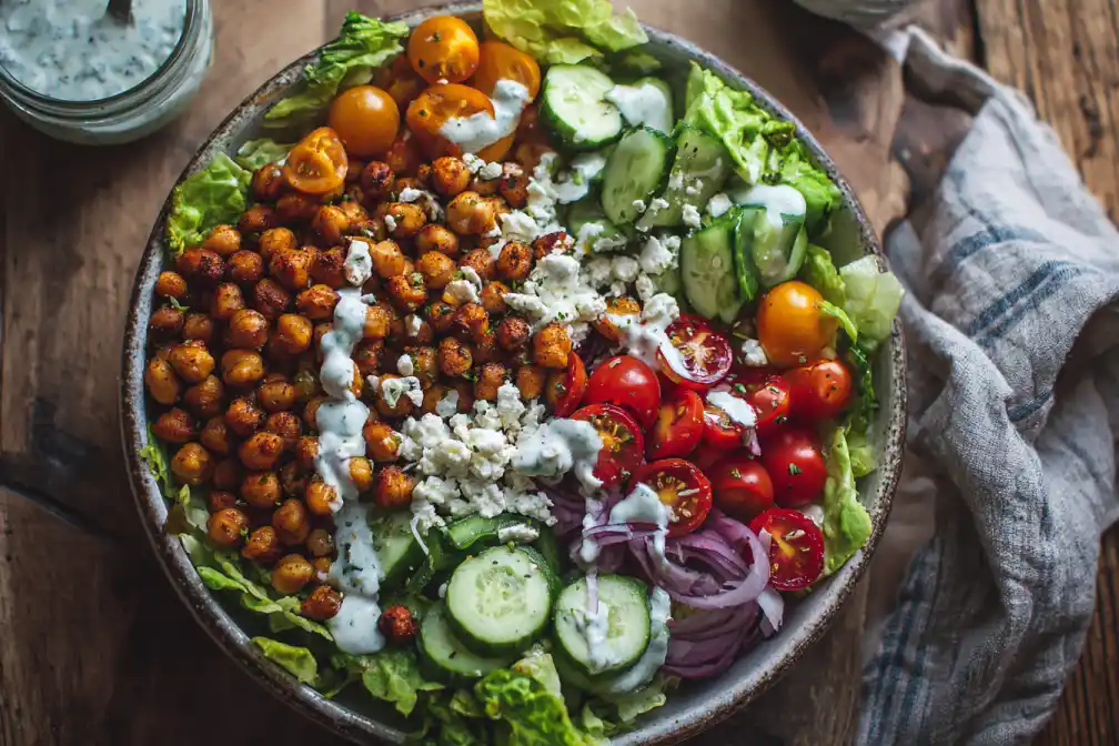 Mediterranean chickpea power bowl with fresh veggies and yogurt dressing