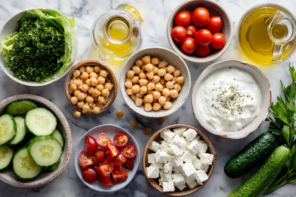 Mediterranean chickpea power bowl ingredients on a marble surface