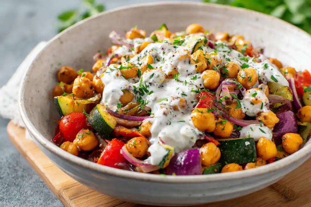 Mediterranean chickpea power bowl with yogurt sauce and herbs