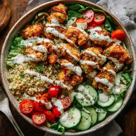 Popcorn Chicken Bowls with Yogurt Ranch and colorful salad