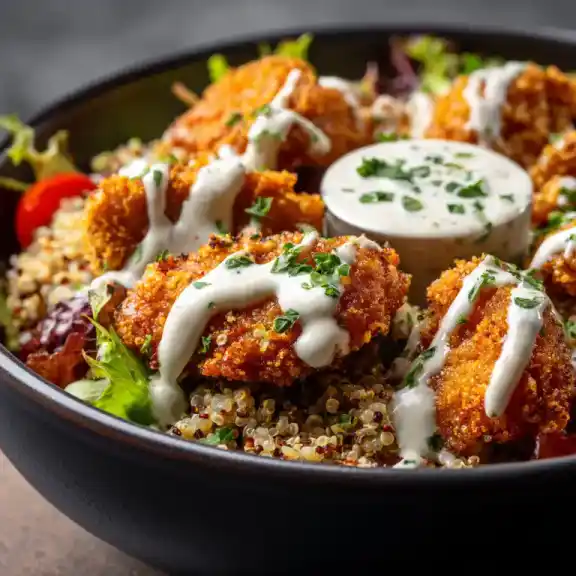 Popcorn Chicken Bowls with Yogurt Ranch served in a rustic bowl