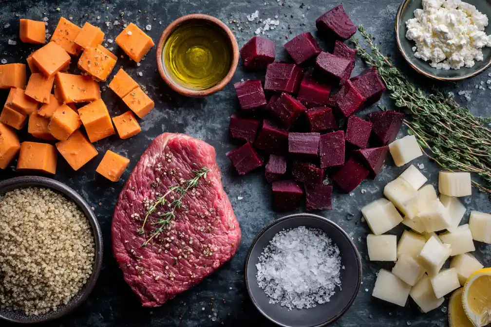 Raw ingredients for a beef and root vegetable power bowl arranged neatly.