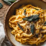 pumpkin Alfredo pasta bowl with crispy sage and Parmesan