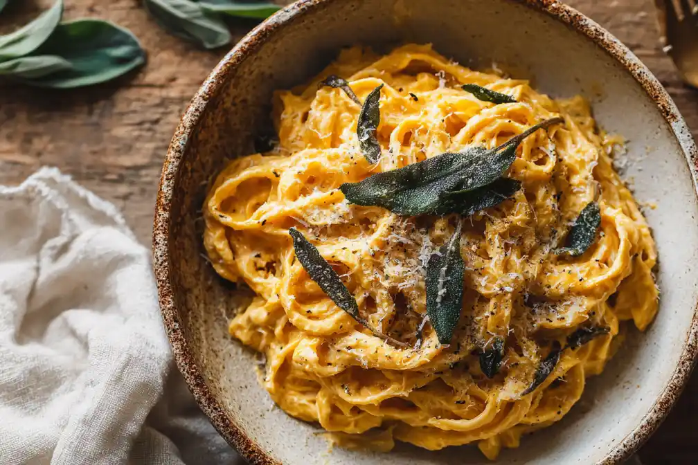 pumpkin Alfredo pasta bowl with crispy sage and Parmesan