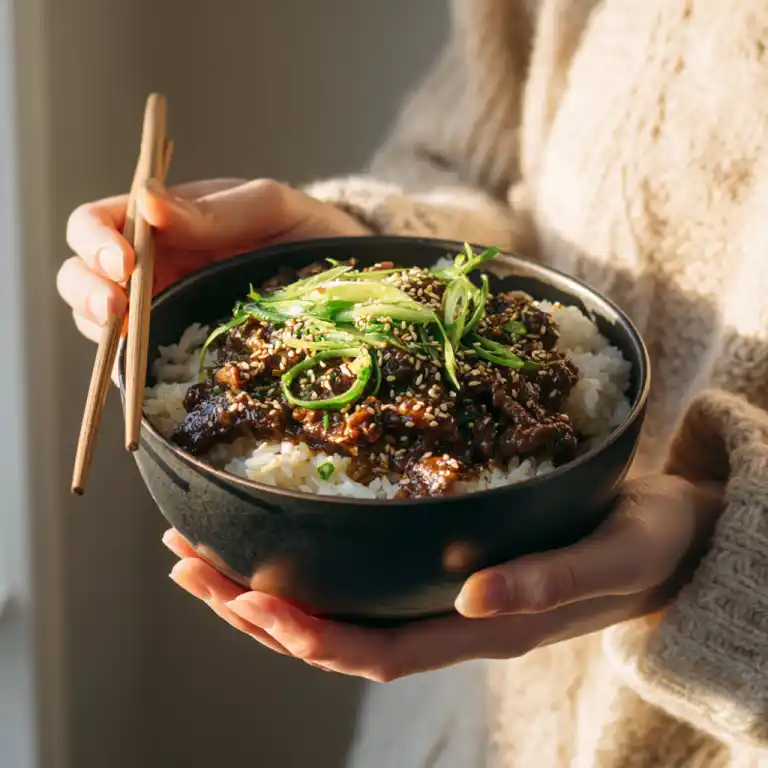 reheated Bibigo beef bulgogi rice bowl served warm