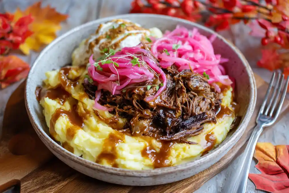 Served instant pot apple BBQ pulled beef bowl with sides