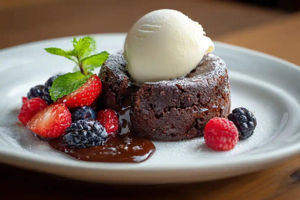 Serving molten lava cake with vanilla ice cream and berries