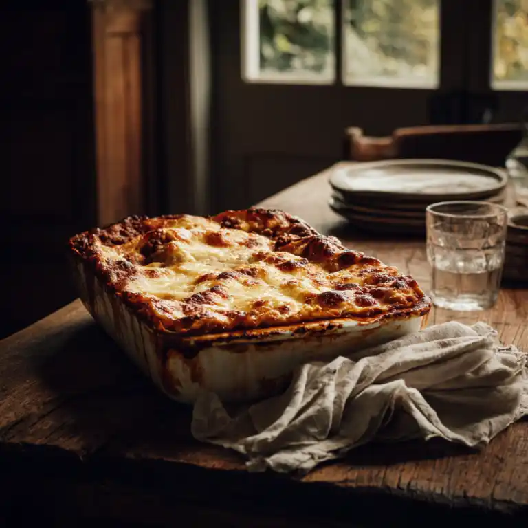 slow cooked beef ragu lasagne served rustic style