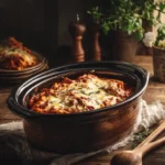 slow cooked lasagna crock pot on rustic table