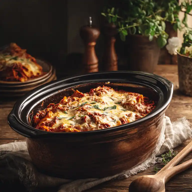 slow cooked lasagna crock pot on rustic table