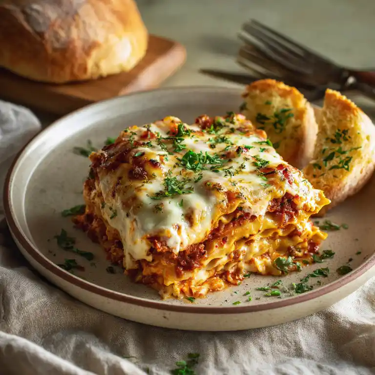 served plate of slow cooked lasagna crock pot