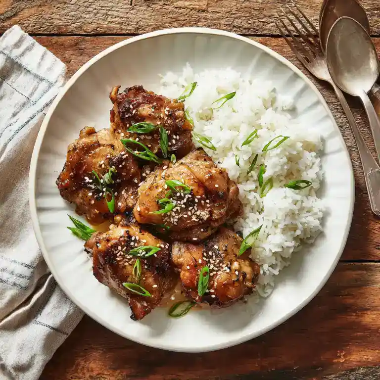 plated slow cooker honey garlic butter chicken thighs with rice