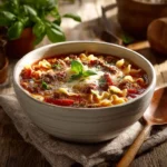 slow cooker lasagna soup in a rustic kitchen bowl