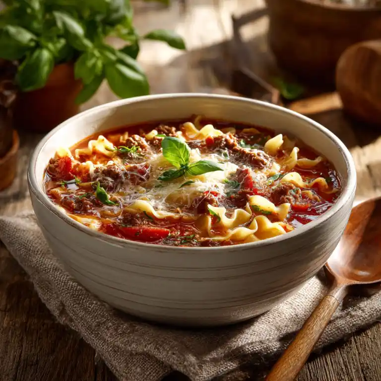 slow cooker lasagna soup in a rustic kitchen bowl