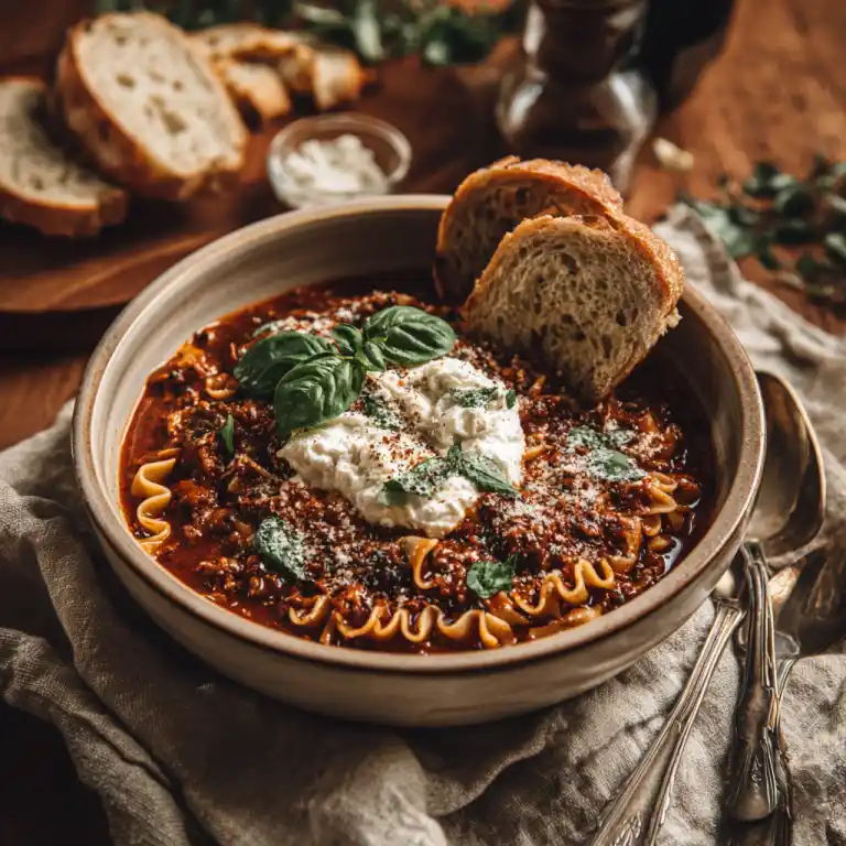 bowl of slow cooker lasagna soup ready to serve