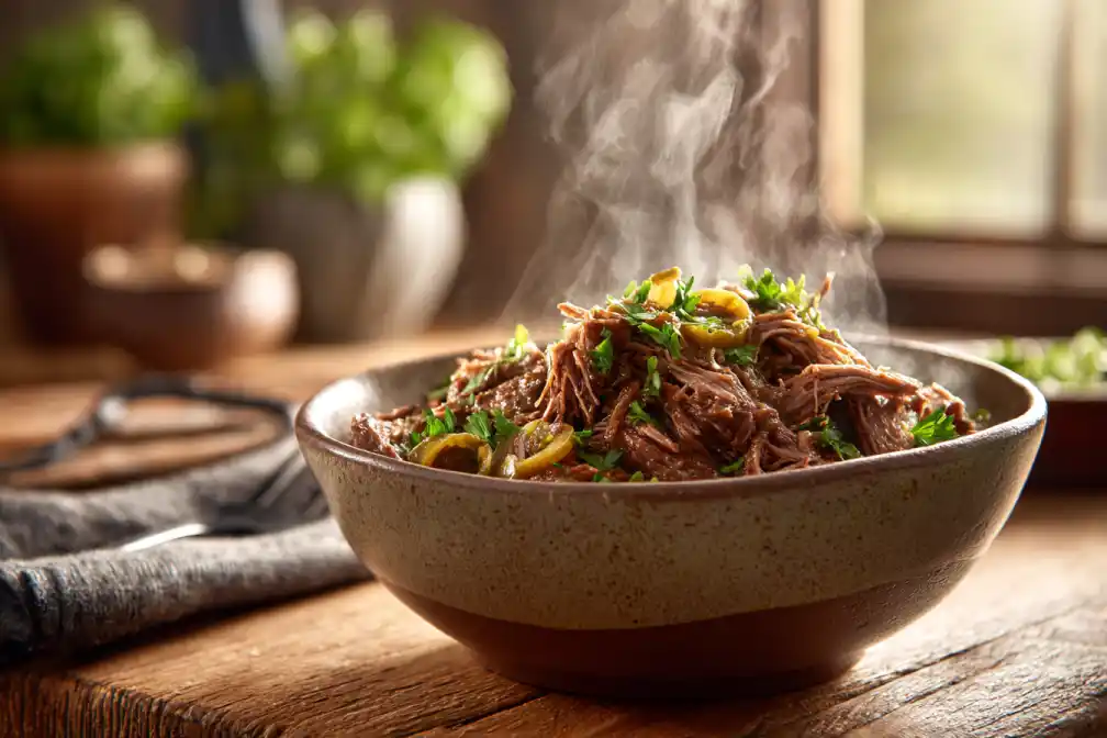 slow cooker Mississippi pot roast bowl in rustic kitchen