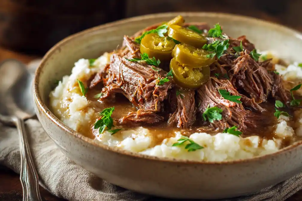 served slow cooker Mississippi pot roast bowl with mashed potatoes