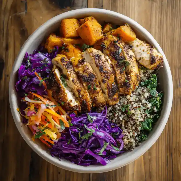 sweetgreen hot honey chicken bowl with quinoa and roasted sweet potatoes