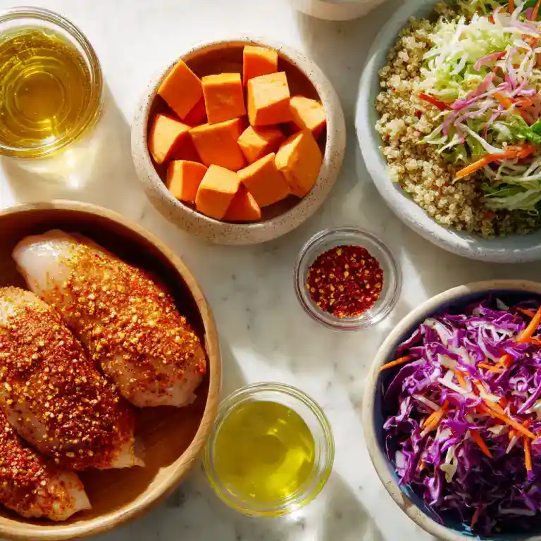 ingredients for sweetgreen hot honey chicken bowl flat lay