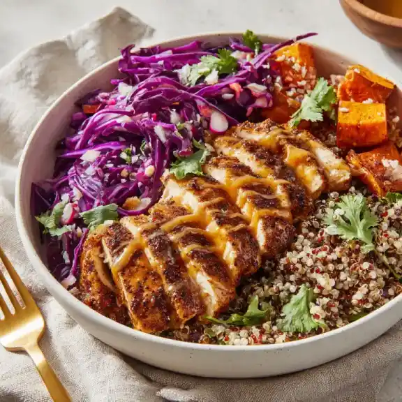 served sweetgreen hot honey chicken bowl with hot honey drizzle