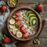 Vegan acai bowl topped with fruit and granola