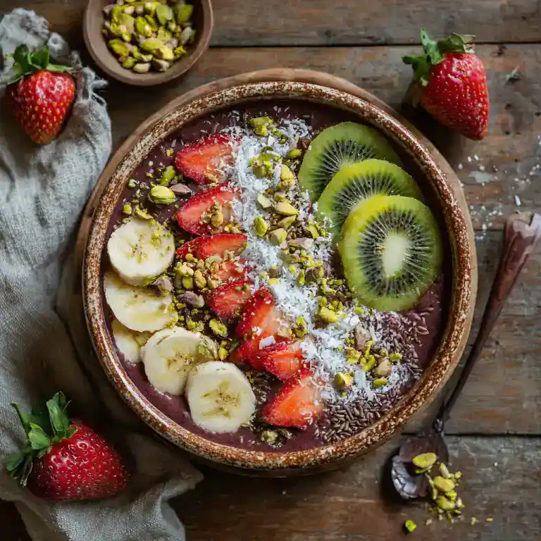 Vegan acai bowl topped with fruit and granola
