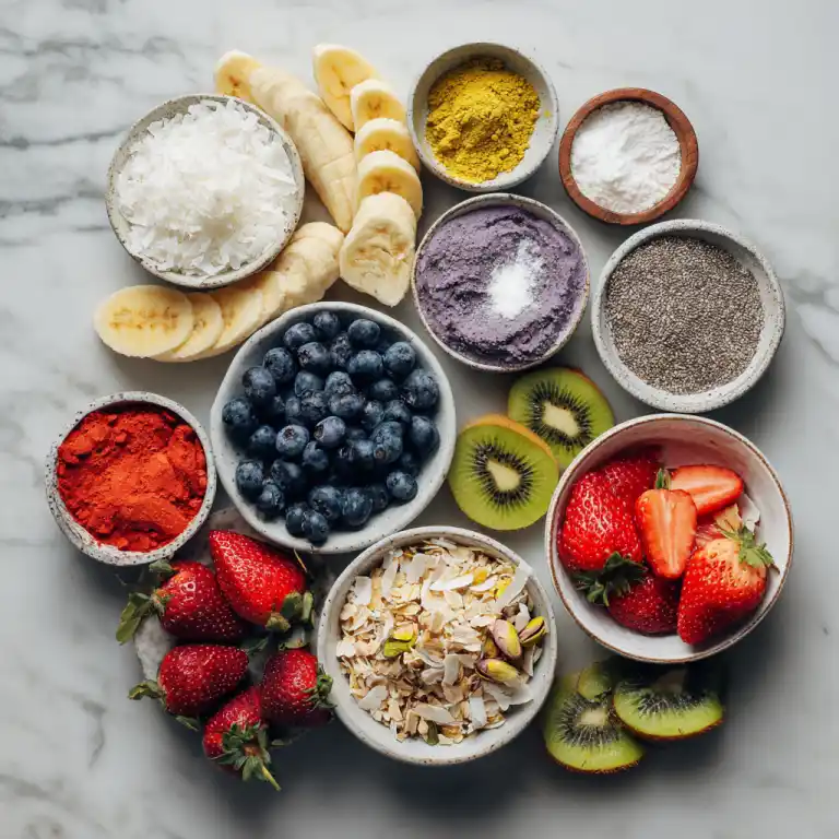 Ingredients for vegan acai bowl on kitchen counter