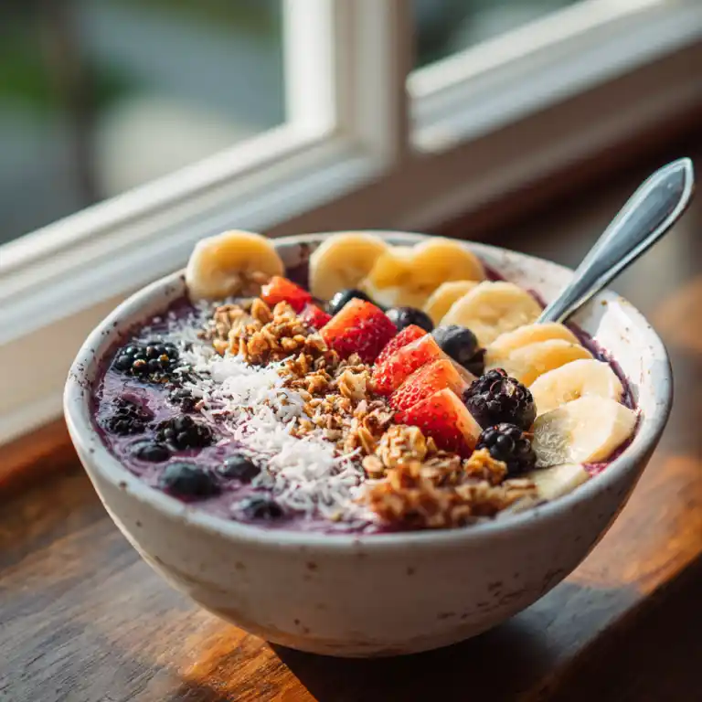 Vegan acai bowl served with toppings in cozy kitchen