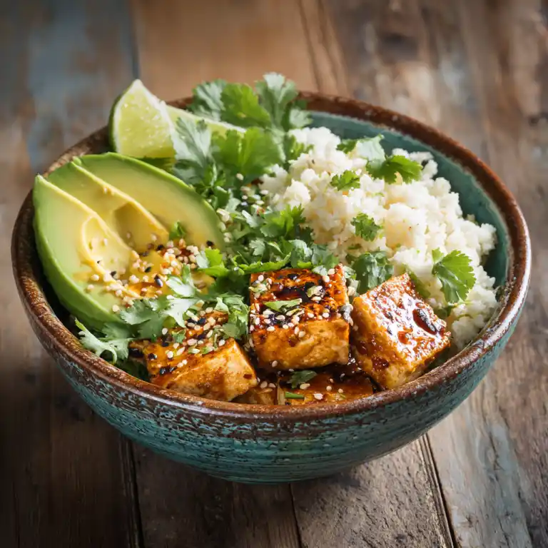 erved vegan burrito bowl on rustic wood table