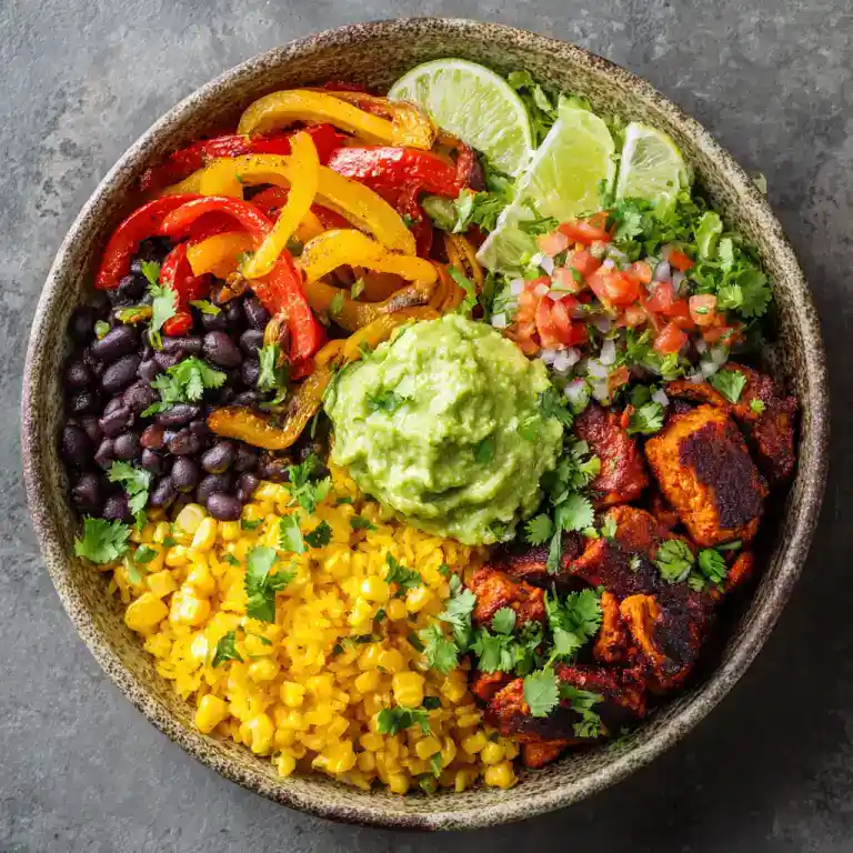 vegan burrito bowl with sofritas and guacamole