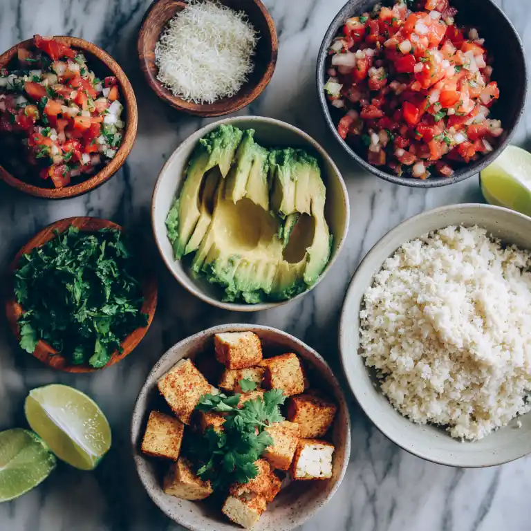 vegan burrito bowl ingredients laid out on counter
