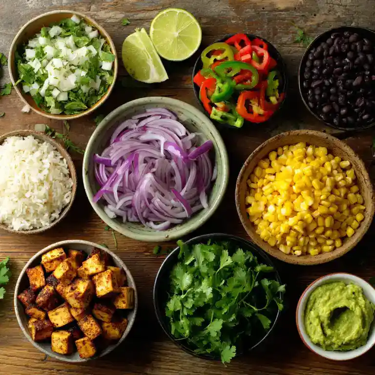 vegan burrito bowl ingredients laid out flat
